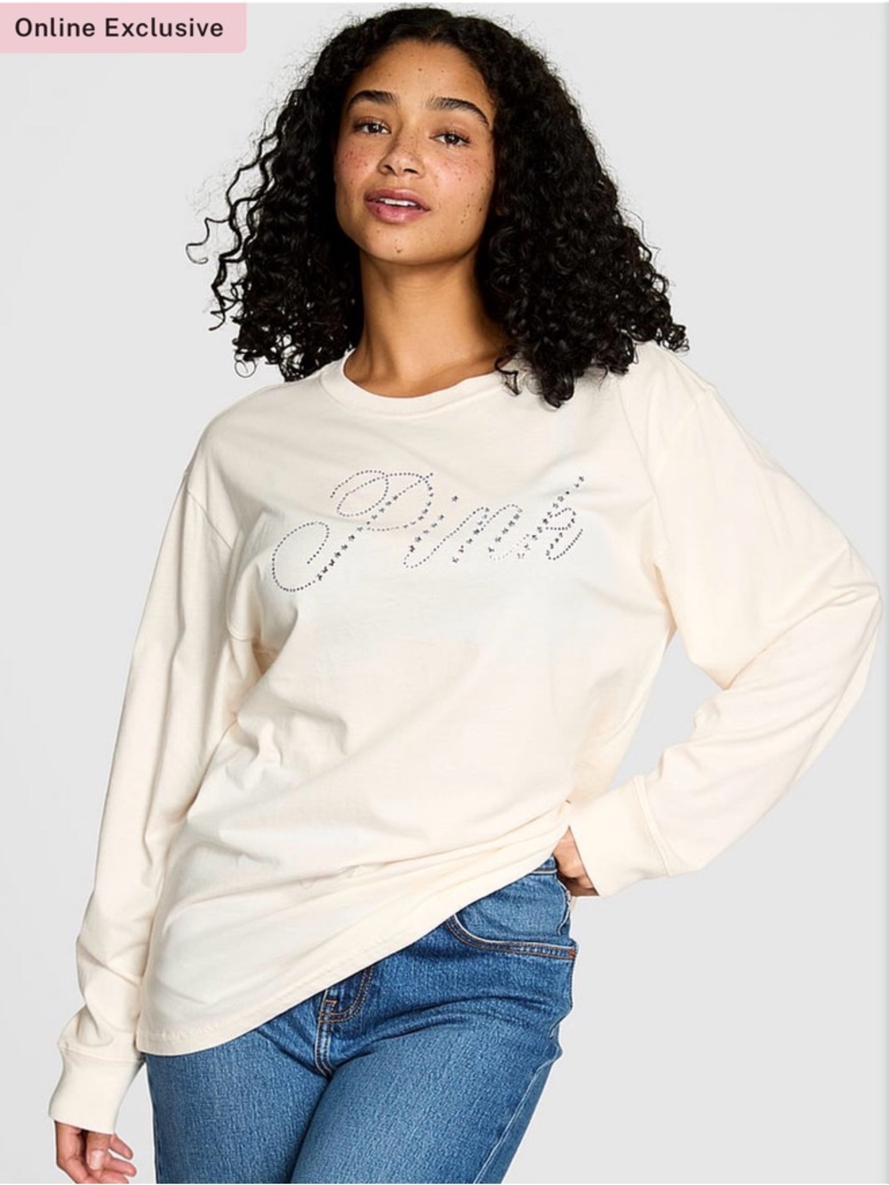 PINK Bling Logo Long Sleeve Tee NWT ✨ Rhinestone Star Script HTF